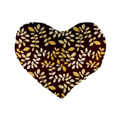 Golden Leaf Pattern Standard 16  Premium Flano Heart Shape Cushions by designsbymallika