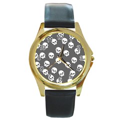 White Skull Pattern Round Gold Metal Watch by designsbymallika