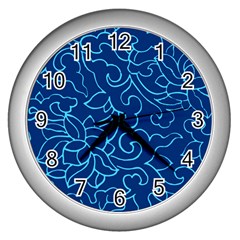 Blue Floral Print Wall Clock (silver) by designsbymallika