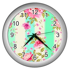 Stripes Floral Print Wall Clock (silver) by designsbymallika