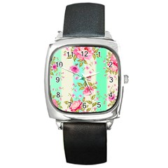 Stripes Floral Print Square Metal Watch by designsbymallika