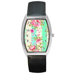 Stripes Floral Print Barrel Style Metal Watch by designsbymallika