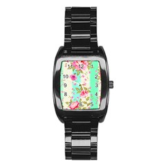 Stripes Floral Print Stainless Steel Barrel Watch by designsbymallika