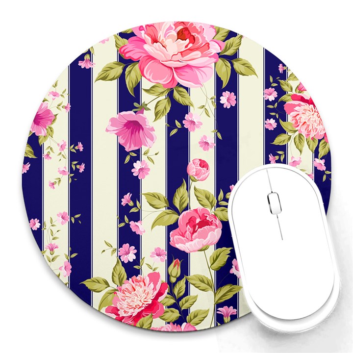 STRIPES FLORAL PRINT Round Mousepads