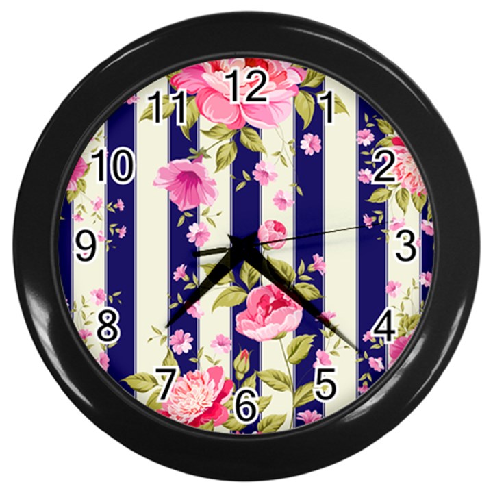 STRIPES FLORAL PRINT Wall Clock (Black)