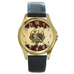 Wonderful Deer With Leaves And Hearts Round Gold Metal Watch