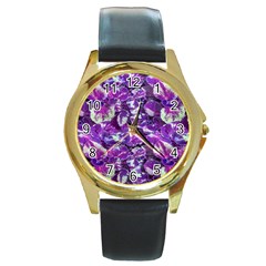 Botanical Violet Print Pattern 2 Round Gold Metal Watch by dflcprintsclothing