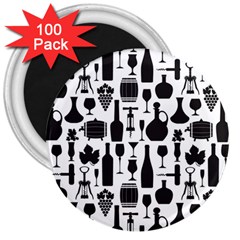 Wine Pattern Black White 3  Magnets (100 Pack) by Vaneshart