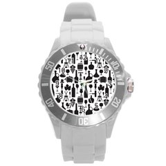 Wine Pattern Black White Round Plastic Sport Watch (l) by Vaneshart