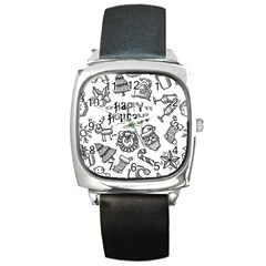 Christmas Seamless Pattern Doodle Style Square Metal Watch by Vaneshart