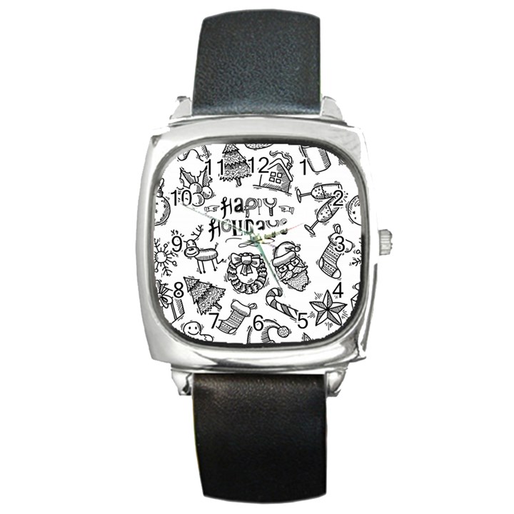 Christmas Seamless Pattern Doodle Style Square Metal Watch