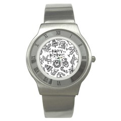 Christmas Seamless Pattern Doodle Style Stainless Steel Watch by Vaneshart