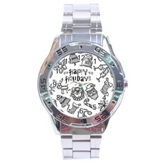 Christmas Seamless Pattern Doodle Style Stainless Steel Analogue Watch by Vaneshart