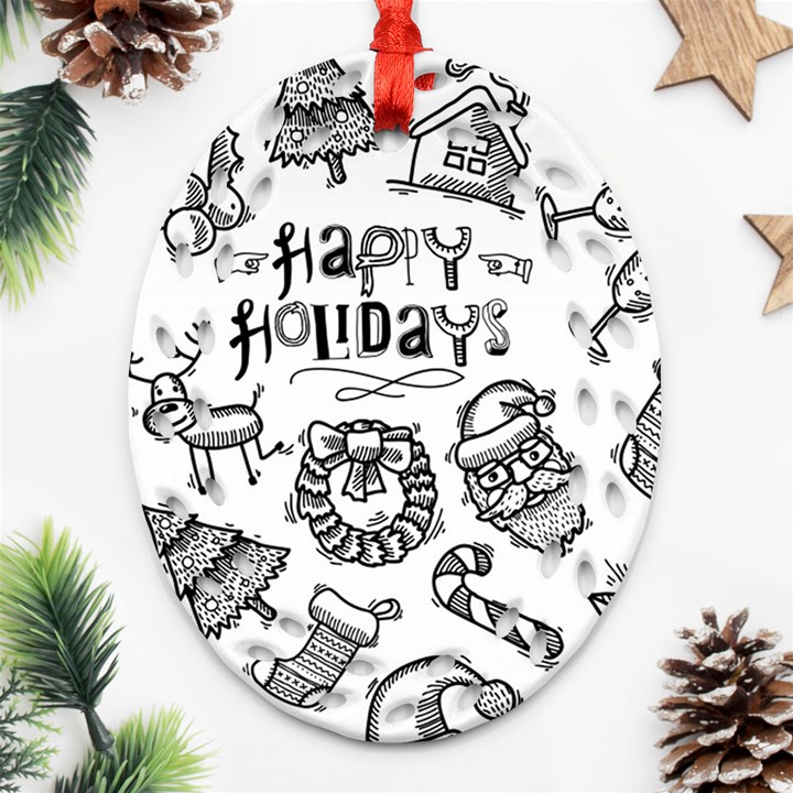 Christmas Seamless Pattern Doodle Style Oval Filigree Ornament (Two Sides)