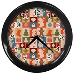 Cute Christmas Seamless Pattern Vector Wall Clock (Black) Front