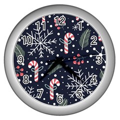 Holiday Seamless Pattern With Christmas Candies Snoflakes Fir Branches Berries Wall Clock (silver) by Vaneshart