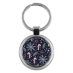 Holiday Seamless Pattern With Christmas Candies Snoflakes Fir Branches Berries Key Chain (round)