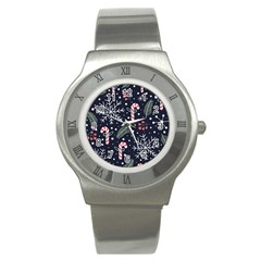 Holiday Seamless Pattern With Christmas Candies Snoflakes Fir Branches Berries Stainless Steel Watch by Vaneshart