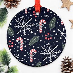 Holiday Seamless Pattern With Christmas Candies Snoflakes Fir Branches Berries Round Ornament (two Sides) by Vaneshart