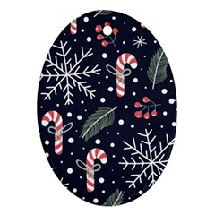 Holiday Seamless Pattern With Christmas Candies Snoflakes Fir Branches Berries Oval Ornament (two Sides) by Vaneshart