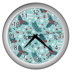 Seamless Pattern With Berries Leaves Wall Clock (silver) by Vaneshart