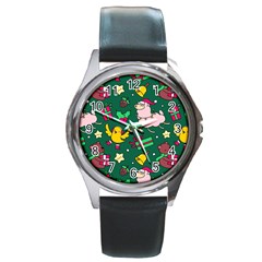 Funny Decoration Christmas Pattern Background Round Metal Watch by Vaneshart