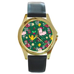 Funny Decoration Christmas Pattern Background Round Gold Metal Watch by Vaneshart