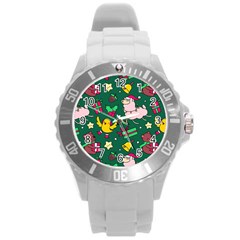 Funny Decoration Christmas Pattern Background Round Plastic Sport Watch (l) by Vaneshart