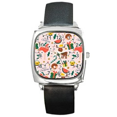 Colorful Funny Christmas Pattern Square Metal Watch by Vaneshart