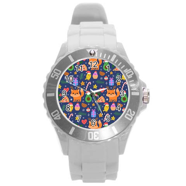 Colorful Funny Christmas Pattern Round Plastic Sport Watch (L)