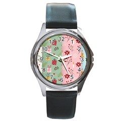 Flat Christmas Pattern Collection Round Metal Watch by Vaneshart