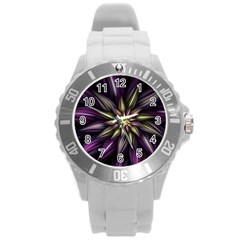 Fractal Flower Floral Abstract Round Plastic Sport Watch (l) by HermanTelo