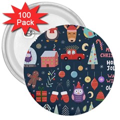 Vector Set Cute Christmas Elements Santa Penguin Deer Bear Fox Owl Trees Snowman Bird Angel More 3  Buttons (100 Pack)  by Vaneshart