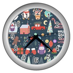 Vector Set Cute Christmas Elements Santa Penguin Deer Bear Fox Owl Trees Snowman Bird Angel More Wall Clock (silver) by Vaneshart