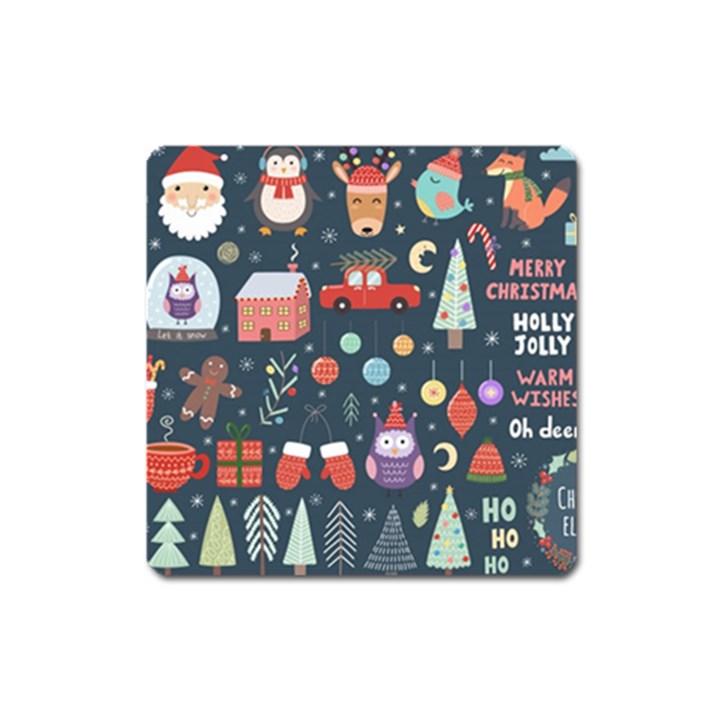 Vector Set Cute Christmas Elements Santa Penguin Deer Bear Fox Owl Trees Snowman Bird Angel More Square Magnet