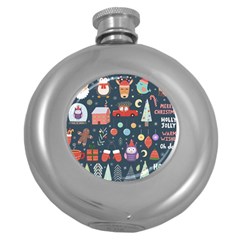 Vector Set Cute Christmas Elements Santa Penguin Deer Bear Fox Owl Trees Snowman Bird Angel More Round Hip Flask (5 Oz) by Vaneshart