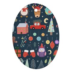 Vector Set Cute Christmas Elements Santa Penguin Deer Bear Fox Owl Trees Snowman Bird Angel More Oval Ornament (two Sides) by Vaneshart