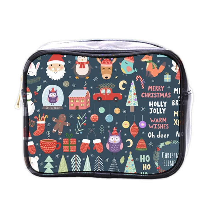 Vector Set Cute Christmas Elements Santa Penguin Deer Bear Fox Owl Trees Snowman Bird Angel More Mini Toiletries Bag (One Side)