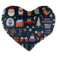 Vector Set Cute Christmas Elements Santa Penguin Deer Bear Fox Owl Trees Snowman Bird Angel More Large 19  Premium Flano Heart Shape Cushions by Vaneshart