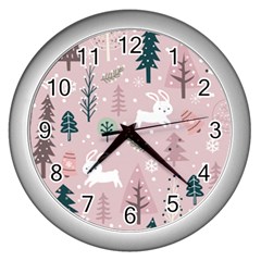 Winter Season Seamless Pattern Decoration Wall Clock (silver) by Vaneshart