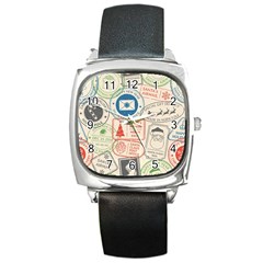 Christmas Postal Pattern Square Metal Watch by Vaneshart