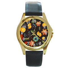 Christmas Seamless Pattern Round Gold Metal Watch by Vaneshart