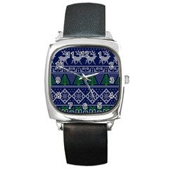 Beautiful Knitted Christmas Pattern Blur Green Square Metal Watch by Vaneshart