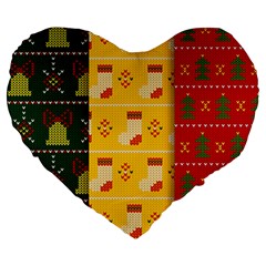 Knitted Christmas Pattern With Socks Bells Large 19  Premium Heart Shape Cushions by Vaneshart