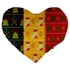 Knitted Christmas Pattern With Socks Bells Large 19  Premium Flano Heart Shape Cushions by Vaneshart