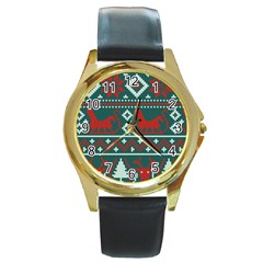 Beautiful Knitted Christmas Pattern Round Gold Metal Watch by Vaneshart