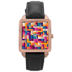 Abstract Geometry Blocks Rose Gold Leather Watch 