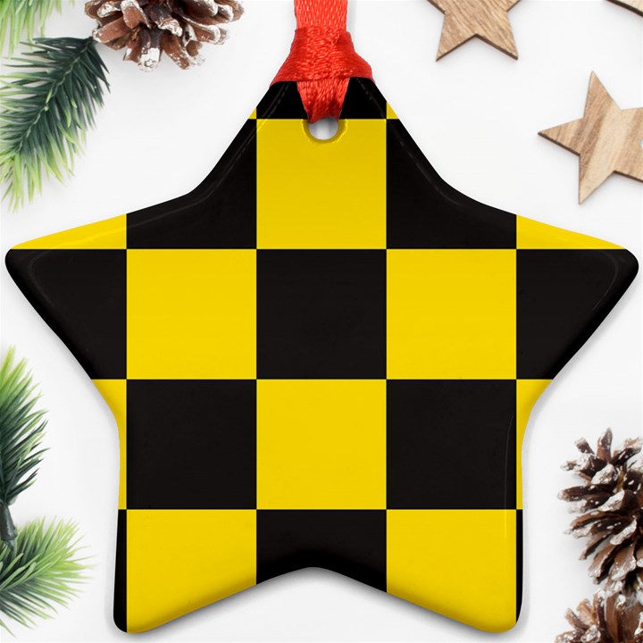 Checkerboard Pattern Black and Yellow Ancap Libertarian Star Ornament (Two Sides)