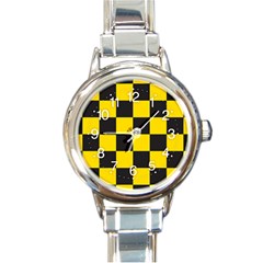 Checkerboard Pattern Black And Yellow Ancap Libertarian Round Italian Charm Watch by snek