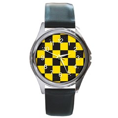 Checkerboard Pattern Black And Yellow Ancap Libertarian Round Metal Watch by snek